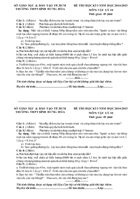 Đề thi học kì I năm học 2014-2015 môn Vật lý 10 thời gian 45 phút